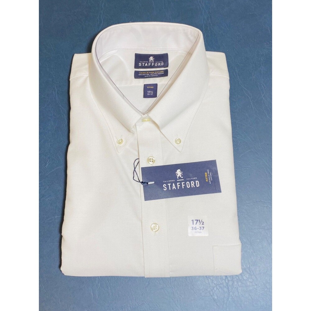 Stafford Oxford Shirt~Mens 17.5 36-37 White~Long Sleeves~Wrinkle Free~NWT